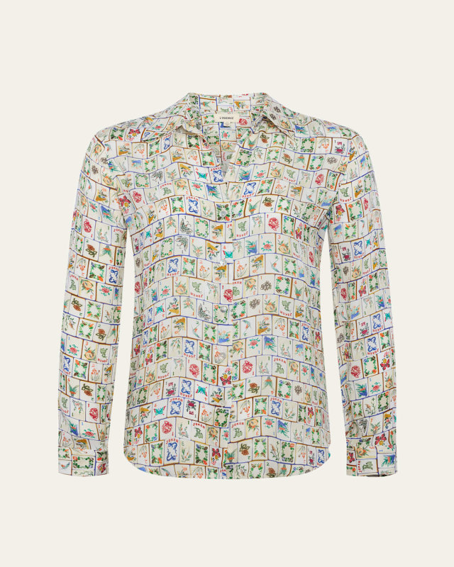 Nina Mahjong Button-Front Silk Blouse